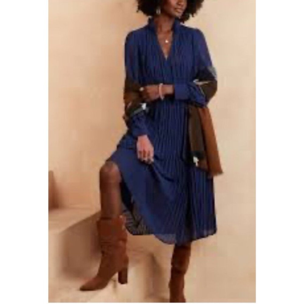 Banana Republic Midi Dress PL Petite Large Pleated Navy Blue Long Sleeve NEW